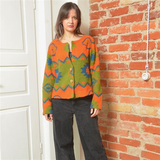 Vintage Aztec Pattern Cardigan Orange Green Southwestern Knit Jacket Boho Tribal Sweater Large - Etsy