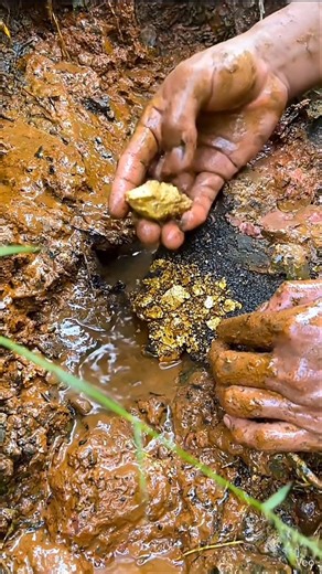 Turn this photo into an ultra-realistic 4K 9:16 video. Keep every object exactly as in the original image: the muddy pit, the thick brown clay, the texture of the soil, and the person’s hands. Animate the scene naturally. Show the person slowly moving their hands through the wet mud, carefully searching for tiny real gold flakes. No artificial lighting—use only natural ambient light from the environment, exactly as in the photo. The mud should shift and flow realistically as the hands dig and si