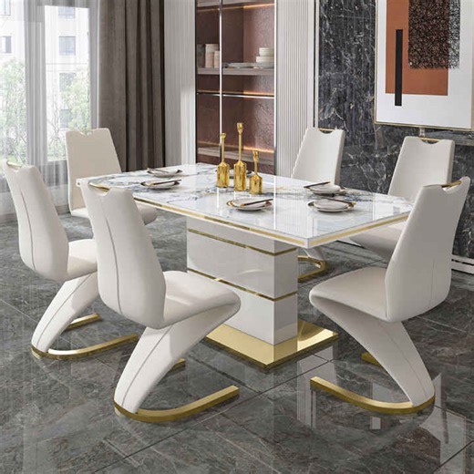 Hanyee White Luxury Marble Dining Table Set 6 Chairs Sintered Stone Top with Gold Stainless Steel Base for Dining Room Furniture