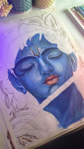 Krishna Ji ki drawing sketch with oil pastel colours 🖌️🎨 #sumitart #sanjuarts #paramart #shorts 🖌️🎨