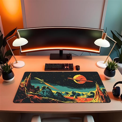Retro Space Mission Desk Mat, Sci-fi Planet Gaming Mouse Pad, Galaxy Art Setup - Etsy