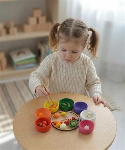 Montessori Color Sorting Activity With Wooden Plates and Tweezers, Handmade Polymer Clay Miniature Fruit and Vegetable Set - Etsy