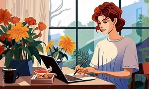 Creative Flow in Bloom: A young woman finds inspiration amidst a vibrant home office, her laptop and notepad open as she crafts her next masterpiece surrounded by blooming flowers.
