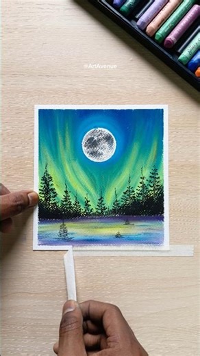 🌕✨Easy Northern Lights Landscape Drawing: Oil Pastel #oillandscape #shorts