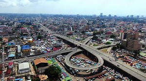 Loops, highways and freeways with cars. Top view of Kwame Nkrumah circle interchange, Accra Ghana