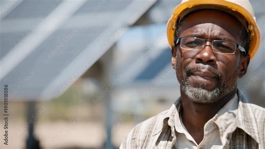 Stressed African American engineer struggling with project challenges while working outside in a solar panel field during the afternoon