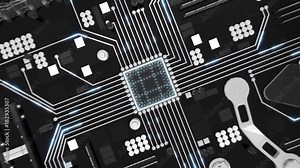 Seamless looping 3d animated futuristic motherboard and data tunnel with the animated text “Upload” in 4K resolution