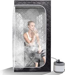Smartmak Portable Home Steam Sauna, Full Size Personal Sauna Spa Box, Single Saunas Tent with Steamer, 4L 1500W Steam Generator 99 Min Timer, Remote Control, Upgraded Foldable Chair, Mat, Grey Border