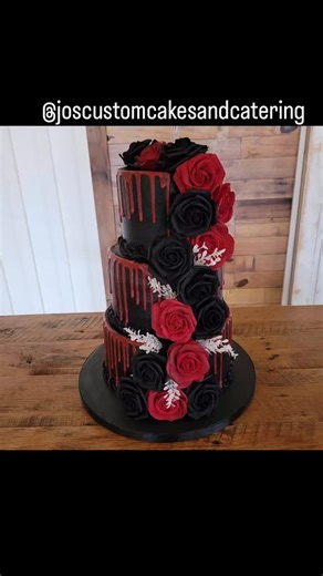 Beautiful Gothic Wedding cake for Halloween. Black Buttercream and red chocolate drip ❤️🖤 #cake #weddingcakes #spookycske #cakeart #shopsmall #shoplocal #smyrnatn #nashvilletn #joscustomcakesandcatering | Jo's Custom Cakes and Catering
