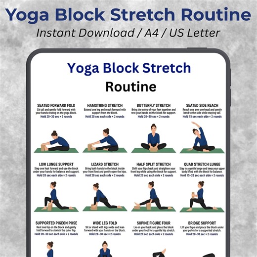 Yoga Block Stretch Chart Printable, 16 Full Body Stretches, Flexibility Routine Poster, Home Yoga Workout PDF A4 US Letter - Etsy