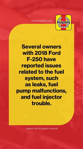 Facing fuel system issues with your 2018 Ford F-250? Leaks, pump malfunctions, and injector trouble are common headaches. HaynesManual offers detailed solutions for these problems and more. Visit haynes.com to get the guidance you need to keep your Ford running smoothly. #HaynesManuals #HaynesShowsYouHow #DIYAutoRepair #FordF250 | Haynes Manuals