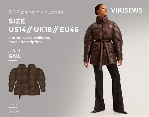 Gail Puffer Jacket Digital Pattern Pdf Sewing Pattern With Tutorial Size US 14 UK 18 EU 46 - Etsy