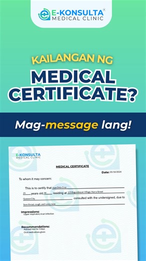 Kailangan ng Medical Certificate.. pero wala kang oras? Sa E-Konsulta, ✅ Mabilis: Magpakonsulta at kunin ang medcert within 1-2 hours ✅ Maaasahan: Highest rated online consultation (1000 reviews, 50,000 patients) ✅ Abot-kaya: Affordable at konsulta muna bago bayad Mag-MESSAGE lang! #EKonsulta #MedCert #MedicalCertificate | E-Konsulta Medical Clinic