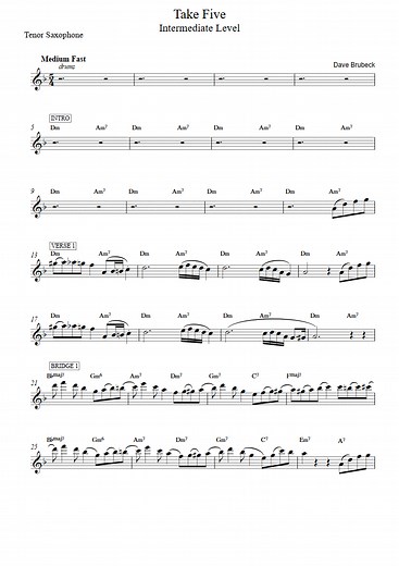 Take Five (Intermediate Level, tenor Sax) (Dave Brubeck) - Saxophone Sheet Music