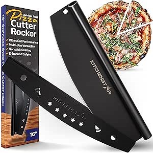 KitchenStar 16-Inch Pizza Cutter Rocker Blade - Sharp Stainless Steel Slicer Knife, Protective Cover, Black Nonstick, Large - Professional Pizza Oven Accessories