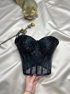 Crystal Embellished Black Corset: Handmade Bustier, Wedding Cosplay - Etsy
