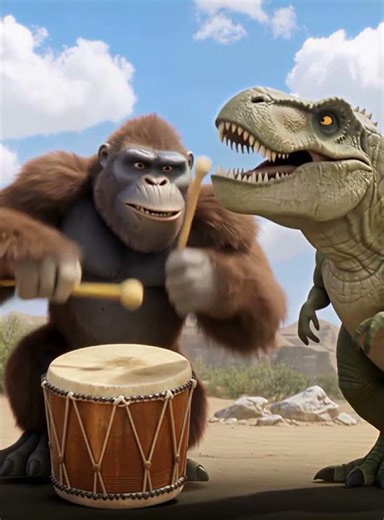 Happy T-Rex Dancing with Drumming Gorilla 🦖🥁 | Funny Dino Short #shorts
