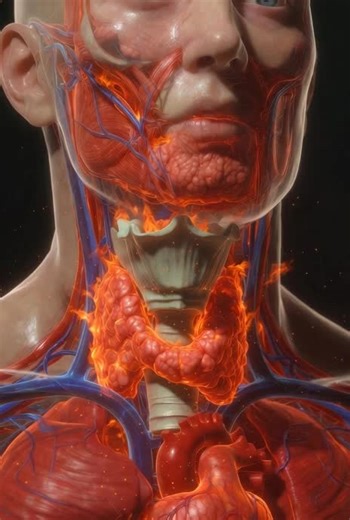 Hyperthyroidism occurs when the thyroid becomes overstimulated and releases excess T3 and T4. Graves disease o soveractive mogules drive constant hormone production. The body speeds up, raising metabolism, heat, and heart rate. Cells burn energy too quickly, causing weight loss, tremors, anxiety, and heat sensitivity despite reduced pituitary control. Your body wasn’t meant to run this fast 😳🔥 This is what happens when the thyroid won’t slow down. Hormones flood the blood. The heart races. The