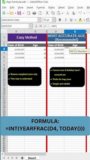 Calculate Age Automatically in LibreOffice Calc (2 Formulas!) #shorts #libreoffice #libreofficecalc