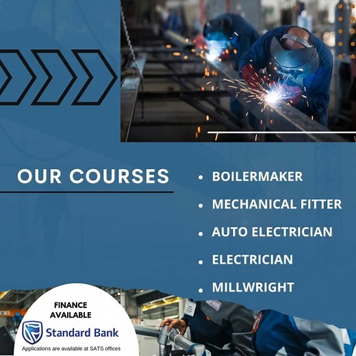 SATS Engineering "15% OFF Engineering Trades fees at SATS for 2026! 🚀 Courses: Boilermaker, Mechanical Fitter, Auto Electrician, Electrician & Millwright. Finance via Standard Bank. 📚💡 Intakes: Jan, Apr, Jul, Sep. Offer ends 12 Dec 2025. Contact 010 002 2770 or engineering@satsolutions.co.za 📞 #SATS #EngineeringTrades #SkillsDevelopment #DiscountOffer | Middelburg Observer