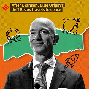 17K views · 107 reactions | Watch: Jeff Bezos and three crewmates soared high above the Texas desert aboard his space venture Blue Origin’s New Shepard on July 20. | Indian Express | Facebook