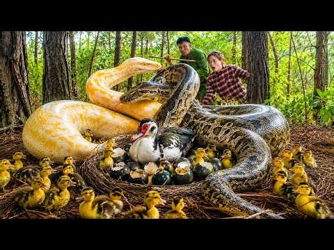 72 Hours No Escape: Giant Albino Python And Black Python Trap A Duck Family In The Forest!