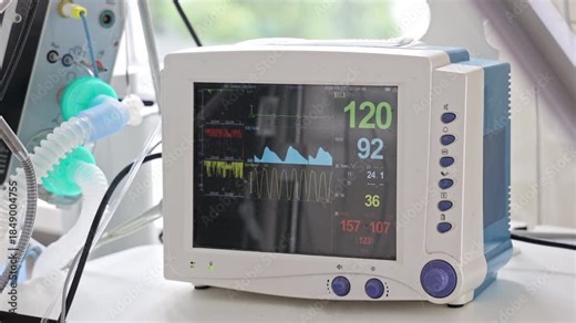 Modern patient monitor screen displaying vital signs in intensive care unit, advanced medical equipment showing heart rate and oxygen level at hospital