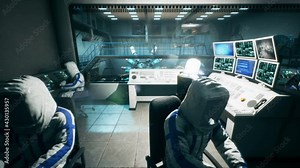 Futuristic scientists program equipment to launch a time machine or a sci-fi fusion reactor. The animation is for fantastic, the futuristic or scientific backgrounds. Physicist scientist at work.