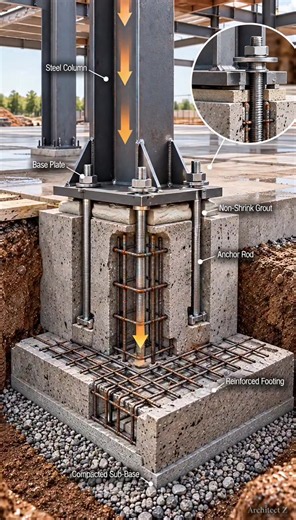The secret to why buildings stand? It’s hidden right here 👇 Steel column... base plate... anchor bolts... and beneath it all, a reinforced footing silently carrying the entire load. The real strength of every building we walk past is buried underground. Engineering is art. 🏗️⚡ #civilengineering #construction #architecturedesign #engineeringlife #satisfyingvideo