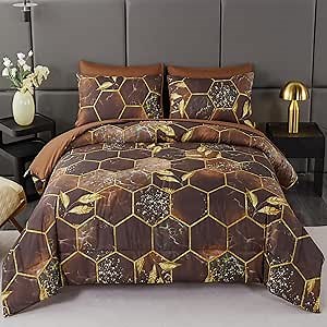 ANGIYUIN 7 Pcs Brown Comforter Sets Queen 3D Honeycomb Bed in A Bag Marble Watercolor Comforter Bedding Sets Foil Print Bed Sets with Matched Sheets Pillowcases(Brown, Queen)