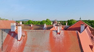 Stork Nesting On The Chimney Of Castle Marchegg In Austria. - aerial shot