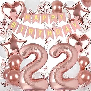 Rose Gold 22th Birthday Decorations for Women, 22 Year Old Sign with Happy Birthday Banner, 40In Number 22 Foil Birthday Balloons, Butterfly Decorations, Heart and Star Balloons