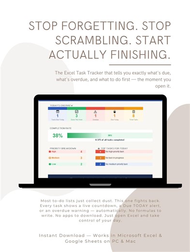 Excel Task Tracker Template | Daily Weekly To Do List, Deadline Alert, Priority Tracker, Task Manager Spreadsheet, Instant Download