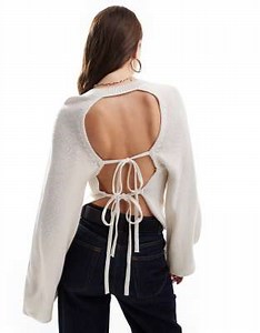 Miss Selfridge double tie back open back sweater in cream | ASOS
