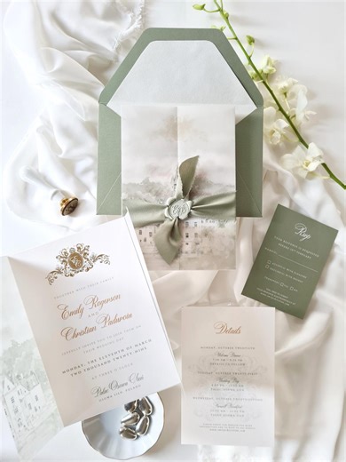 Vellum Wedding Invitation With Watercolour Venue Illustration, Wax Seal, Sage Green Ribbon & Deckled Edges - Etsy