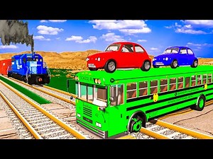Flatbed Trailer Tractor Truck Rescue Bus | Train vs Car-Loaded School Bus on Tracks