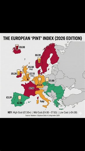 The UK Blend on Instagram: "A round of drinks in London = A weekend in Prague. 🍺💸 ​We’ve crunched the numbers on the 2026 European Beer Index, and the gap between the "Red Zone" and "Green Zone" has never been wider. ​We mapped the average price of a standard draught beer in a bar across the continent. ​The Breakdown: 🔴 The Wallet Breakers: The Nordics remain the most expensive places to drink in the world. In Reykjavik (Iceland), a single beer now averages £9.00. Dublin isn't far behind at £