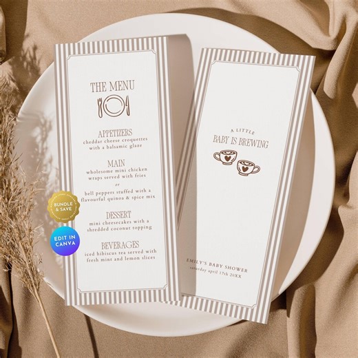 Cafe Bebe Baby Shower Menu Card, Coffee Bean Baby Shower Party Dinner Menu Program, Boho Aesthetic Baby is Brewing Table Menu Template BA16 - Etsy