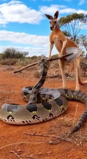 Kangaroo Uses Shovel to Fight Anaconda!