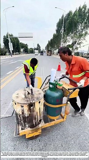 Road Marking: Workers Applying Lane Lines with Precision Equipment