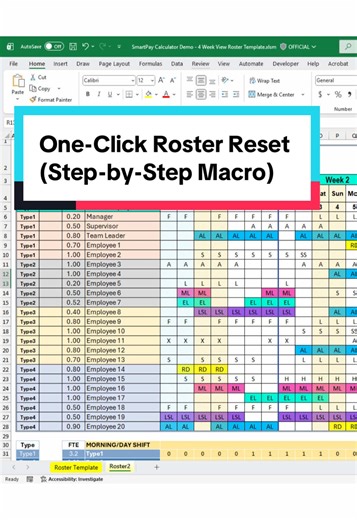 Struggling to reset your staff roster every week? This step‑by‑step Excel macro tutorial will help. Record a macro, highlight your roster range (for example F6:AG49), press DEL to clear the contents, then stop recording. Insert a form‑control button, assign the macro, rename it (e.g., “Clear Record”) and watch it wipe last week’s schedule instantly! Use this trick with our excel roster template to plan 4‑week rotating shifts, customise shift codes, track headcount and FTE, highlight weekends and