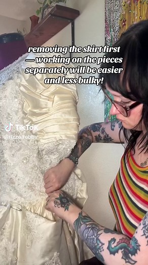 part 1 of many! alterations on this 1980s wedding dress — my customer wants to transform it into a victorian steampunk reception dress! lmk what you think so far ✨ #wedding #vintageweddingdress #vintage #sewing #alterations #victorian #steampunk