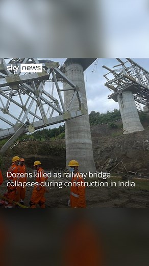 Dozens killed after a gantry at a railway bridge that was under construction collapsed in India. Those who died are believed to have been working on the site. About 40 workers were in the area at the time of the collapse. #India #bridge #collapse #workers | Sky News