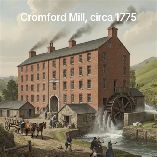 This series of illustrations provides a comprehensive visual journey into Cromford Mill, established in 1771 by Richard Arkwright. These images capture the dawn of the Industrial Revolution, moving from the external architectural innovation to the mechanical heart of the