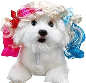 Pet Wig for Dogs and Cats, Realistic Adjustable Costume Wig with Simulated Hair for Small Medium Large Pets, Halloween Cosplay Party Photo Shoot Fun Accessory (Red)