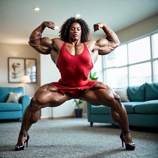 Home Power: Female Bodybuilder’s Stunning Red Dress Flex