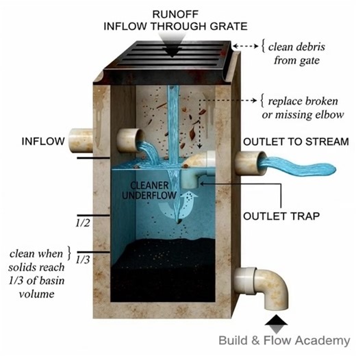 This is illustrates a cross-section of a Stormwater Catch Basin with a Sump and Outlet Trap. Its primary purpose is water quality control. It acts as a filter to trap sediment, debris, and trash from rain runoff before releasing the water into natural bodies of water (like a stream). By separating solids and floating debris from the water, it prevents pollution. How It Works (The Process) The system works using gravity and separation layers: 1. Inflow (The Entry): - Water enters the concrete box