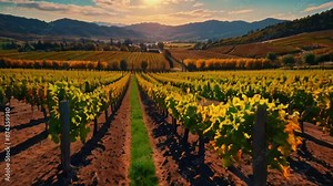 time-lapse animation showing a vineyard throughout the seasons—from the budding vines of spring, the lush growth of summer, the vibrant colors of autumn, to the bare vines of winter, 4K Animation