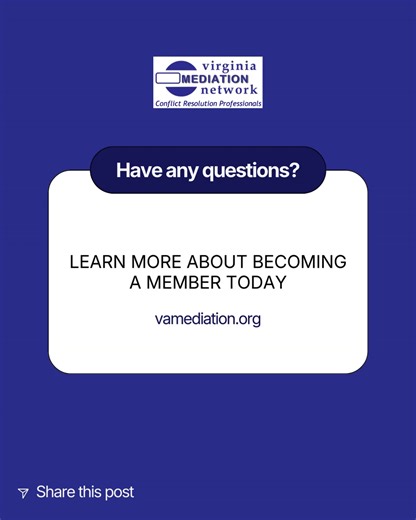 Many professional organizations require formal training before you can join, but VMN welcomes those with all levels of experience in alternative dispute resolution. Learn more about our membership and how VMN can support your career in ADR at www.vamediation.org. #VirginiaMediationNetwork #VirginiaMediation #VMN #MediationMatters | Virginia Mediation Network