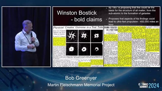 Bob Greenyer is an entertaining and deeply informed Cold Fusion Historian, Physical Researcher and Director of the Martin Fleischmann Memorial Project. Here at Cosmic Summit Bob gives an exclusive summary of his decade of work to seek out and publicize the truth and promise of Cold Fusion. He weaves a bittersweet scientific drama reaching from the great lost understanding of the ancients, Toroidal Plasma Physics, to the willful ignorance of modern day Big Science in the face of simple timeless t